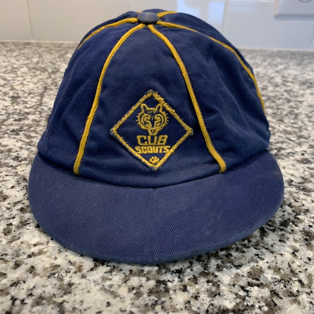 Vintage Cub Scouts Hat Cap Fitted Youth Blue‎ Yellow Wolf Logo Embroidered 60s